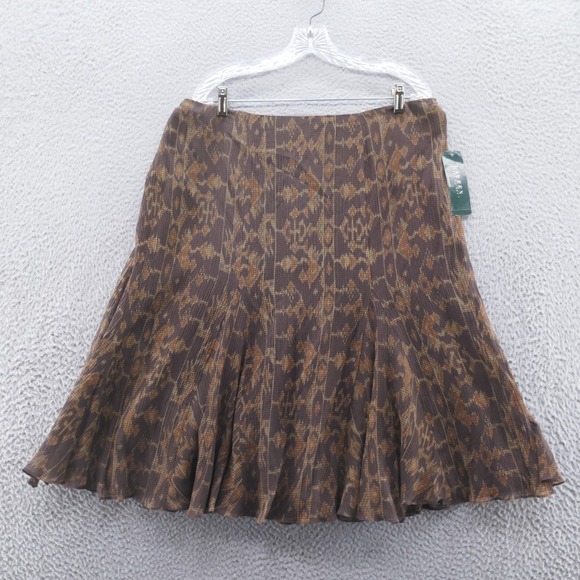 Ralph Lauren Women Silk Chiffon Flare Midi Skirt 16 Brown Aztec Print NEW - Picture 1 of 14